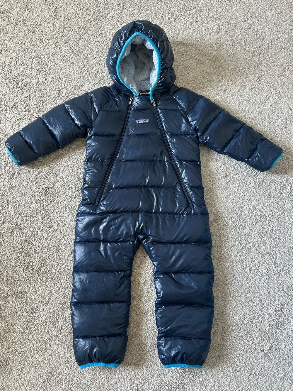Patagonia Hi Loft Down Puffer Bunting Coat Fleece Baby Boy Navy Blue Sz 12-18 M